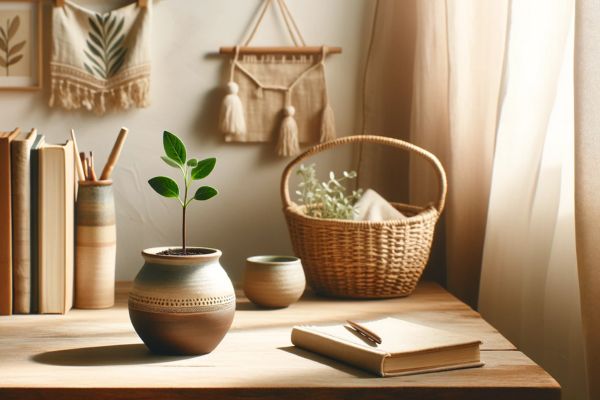 a journal and a plant sitting on a table