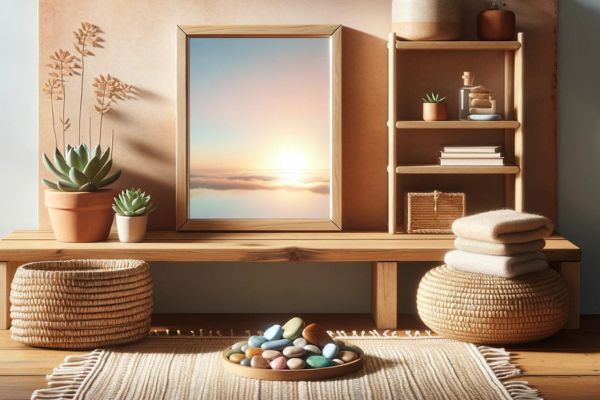 a pile of stones in front of a photo of the sunrise