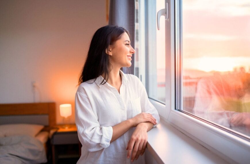 a happy woman looking out her bedroom window at a peaceful sunrise