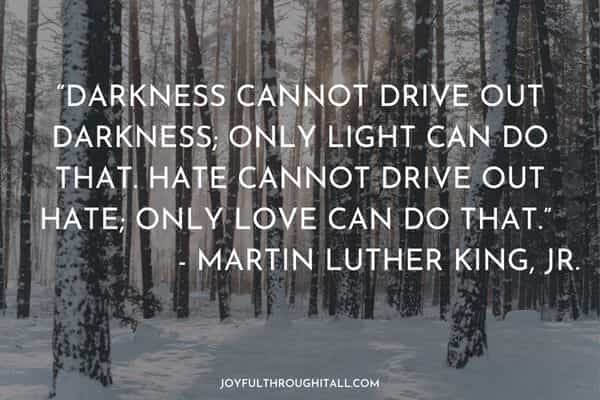 “Darkness cannot drive out darkness; only light can do that. Hate cannot drive out hate; only love can do that.” - Martin Luther King Jr