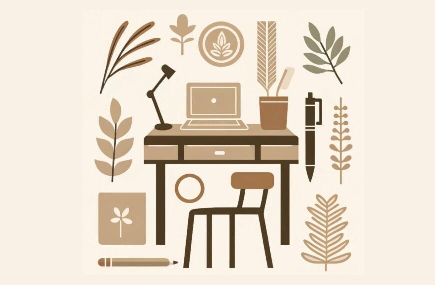 Boho minimalist image with icons of a desk, laptop, pen, and notebook in earthy tones