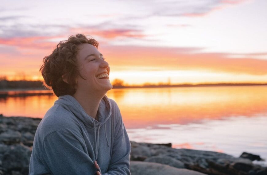 a person smiling and looking up at the sunrise on a beach