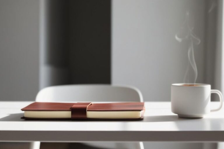a journal sitting on a desk next to a cup of coffee