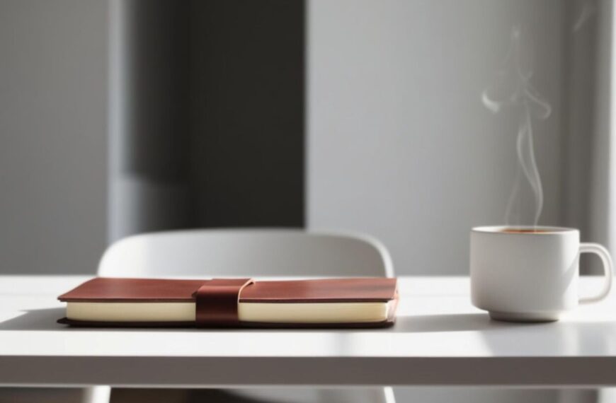 a journal sitting on a desk next to a cup of coffee