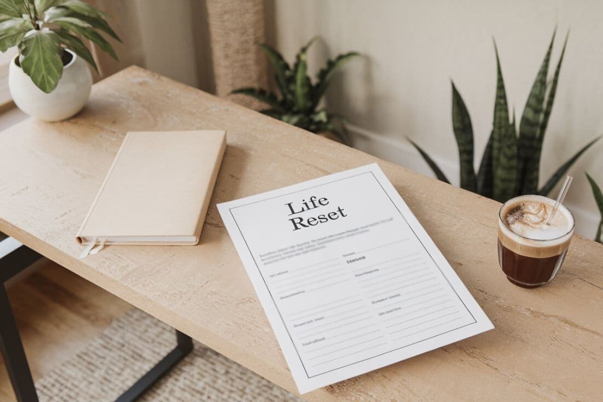 a life reset checklist sitting on a desk with a coffee and journal