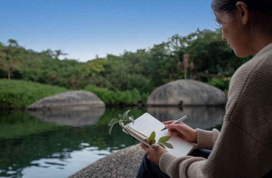 a person journaling next to a serene lake